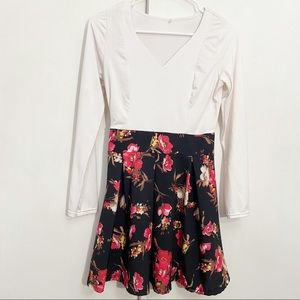 Schoolgirl style dress form fitting knit top floral pleated skirt zip S
